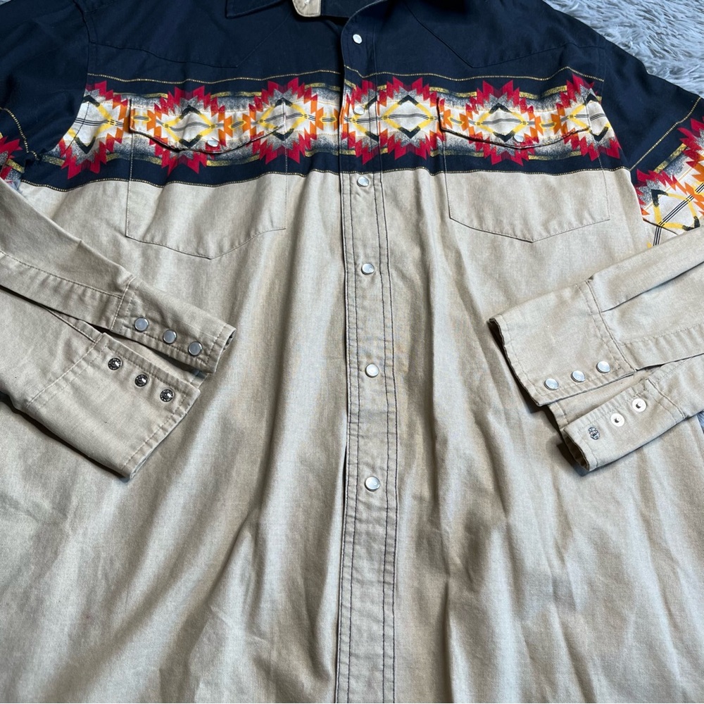 Wrangler Rustler Shirt Mens Large Pearl Snap Southwestern Cowboy Rodeo Blue Tan - Picture 3 of 8